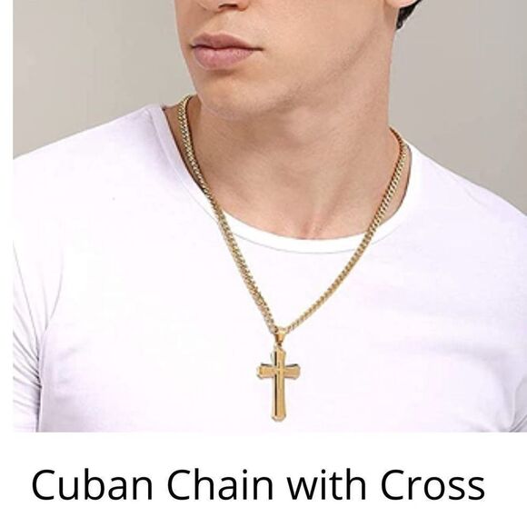 Men’s Gold Black Cross Cuban Chain Necklace - Picture 5 of 8